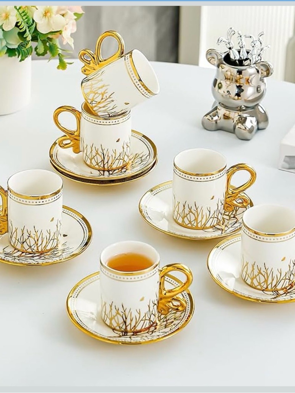 Turkish Elegant White and Gold Porcelain Coffee Cup Set - Picture 2 of 14